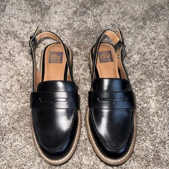 DV by Dolce Vita Women’s Black Leather Slingback Loafers with Tan Sole - Picture 1 of 3